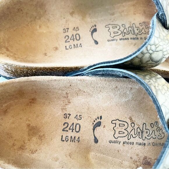 Birkis Metallic Embossed Double Strap Sandals Size 37 EU Cork‎ Sole Comfort Foot - Picture 11 of 16